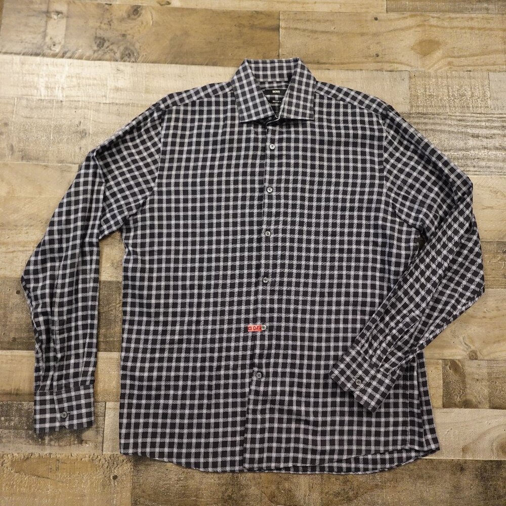 BOSS Hugo Boss check‎ plaid dress shirt men's 17 1/2 36/37 white black
